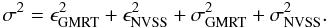 Mathematical equation: $$ \sigma^2 = \epsilon_{\rm GMRT}^2 + \epsilon_{\rm NVSS}^2 + \sigma_{\rm GMRT}^2 + \sigma_{\rm NVSS}^2. $$