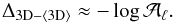 Mathematical equation: \appendix \setcounter{section}{1} \begin{equation} \Delta_{\rm 3D-\langle{3D}\rangle} \approx -\log \mathcal{A}_\ell . \label{eqn:AA4} \end{equation}