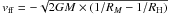 Mathematical equation: \hbox{$\vff =\break - \sqrt{2 G M \times \left( 1/R_M - 1/\rhill \right)}$}