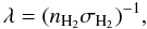 Mathematical equation: \begin{equation} \lambda=(n_\mathrm{H_2} \sigma_\mathrm{H_2})^{-1}, \label{eq:lambda} \end{equation}
