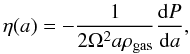 Mathematical equation: \begin{equation} \eta(a)=-\frac{1}{2\Omega^2 a \rho_\mathrm{gas}} \frac{\mathrm{d}P}{\mathrm{d}a}, \label{eq:eta} \end{equation}