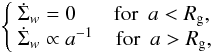 Mathematical equation: \begin{eqnarray} \left\{ \begin{array}{l} \dot{\Sigma}_w = 0 \,\,\,\,\,\,\,\,\,\,\, {\rm for} \,\,\, a < R_{\rm g}, \\ \dot{\Sigma}_w \propto a^{-1} \,\,\,\,\,\ {\rm for} \,\,\, a > R_{\rm g} , \end{array} \right. \end{eqnarray}