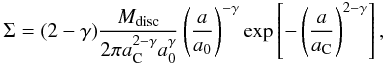 Mathematical equation: \begin{equation} \Sigma = (2 - \gamma) { \mdisc \over 2 \pi \ac ^{2-\gamma} a_0^\gamma } \left( {a \over a_0} \right)^{-\gamma} \exp \left[ - \left( {a \over \ac} \right) ^{2-\gamma} \right] , \label{eq:init_sigma} \end{equation}