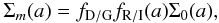 Mathematical equation: \begin{eqnarray} \Sigma_m (a) = f_\mathrm{D/G} f_\mathrm{R/I} (a) \Sigma_0 (a), \end{eqnarray}