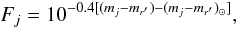 Mathematical equation: \begin{equation} F_j=10^{-0.4[(m_j-m_{r'})-(m_j-m_{r'})_{\odot}]}, \end{equation}