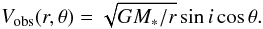 Mathematical equation: \appendix \setcounter{section}{4} \begin{equation} V_\mathrm{obs}(r,\theta) = \sqrt{GM_{*}/r} \sin{i}\cos{\theta}. \end{equation}