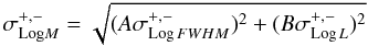 Mathematical equation: $$ \sigma^{+,-}_{{\rm Log}M} = \sqrt{(A\sigma^{+,-}_{{\rm Log}\,FWHM})^2 + (B\sigma^{+,-}_{{\rm Log}\,L})^2} $$