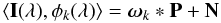 Mathematical equation: \begin{equation} \langle \mathbf{I}(\lambda), \phi_k(\lambda) \rangle = \omegabold_k * \mathbf{P} + \mathbf{N} \end{equation}