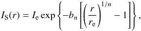 Mathematical equation: \begin{equation} I_{\rm S}(r)=I_{\rm e} \exp \left\{-b_n\left[\left(\frac{r}{r_{\rm e}} \right)^{1/n} - 1 \right]\right\}, \label{sersic} \end{equation}
