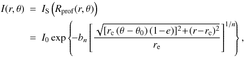 Mathematical equation: \begin{eqnarray} \label{sersic_arcellipse} I(r,\theta)&=&I_{\rm S}\left(R_{{\rm prof}}(r,\theta)\right)\nonumber \\ &=& I_0\exp \left\{\!-b_n\left[\frac{\sqrt{[r_{\rm c} \left(\theta-\theta_0 \right) (1\!-\!e) ]^2\!+\!(r\!-\!r_{\rm c})^2}}{r_{\rm e}} \right]^{1/n} \!\right\}, \end{eqnarray}