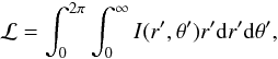 Mathematical equation: \begin{equation} {\cal L}= \int_0^{2\pi}\int_0^{\infty} I(r',\theta')r'{\rm d}r'{\rm d}\theta', \label{integral_luminosidade} \end{equation}