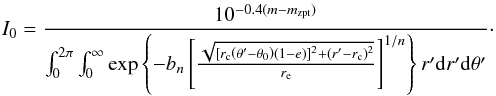 Mathematical equation: \begin{equation} I_0= \frac{10^{-0.4 (m - m_{\rm zpt})}}{\int_0^{2\pi}\int_0^{\infty}\exp \left\{-b_n\left[\frac{\sqrt{[r_{\rm c} \left(\theta'-\theta_0 \right) (1-e) ]^2+(r'-r_{\rm c})^2}}{r_{\rm e}} \right]^{1/n} \right\} r'{\rm d}r'{\rm d}\theta'}\cdot \label{integral_I_0} \end{equation}
