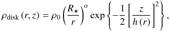 Mathematical equation: \appendix \setcounter{section}{2} \begin{equation} \rho_\textup{disk}\left(r,z\right) = \rho_0 \left(\frac{R_{\star}}{r}\right)^{\alpha} \exp\left\{-\frac{1}{2} \left[ \frac{z}{h\left(r\right)} \right]^2 \right\}, \label{glg:shakura} \end{equation}