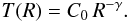 Mathematical equation: \appendix \setcounter{section}{3} \begin{equation} T(R) = C_0\, R^{- \gamma}. \label{glg:T} \end{equation}