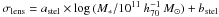 Mathematical equation: \hbox{$\sigma_{\rm{lens}}=a_{\rm{stel}}\times\log\,(M_*/10^{11}~h_{70}^{-1}\,M_\odot)+b_{\rm{stel}}$}