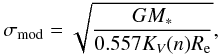 Mathematical equation: \begin{equation} \sigma_{\rm{mod}}=\sqrt{\frac{GM_{*}}{0.557 K_V(n) R_{\rm e}}}, \label{eq_sigmamod} \end{equation}
