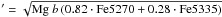 Mathematical equation: \hbox{$' = \sqrt{{\rm \mgb} \left( 0.82 \cdot {\rm \fei} + 0.28 \cdot {\rm \feii} \right)}$}