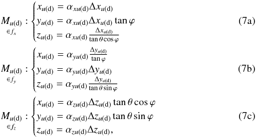 Mathematical equation: % subequation 1370 0 \begin{eqnarray} && \underset{\in f_{x}}{M_{u{\rm (d)}}}: \begin{cases} x_{u{\rm (d)}}=\alpha_{xu{\rm (d)}} \Delta x_{u{\rm (d)}} \\ y_{u{\rm (d)}}=\alpha_{xu{\rm (d)}} \Delta x_{u{\rm (d)}} \tan \varphi \\ z_{u{\rm (d)}}=\alpha_{xu{\rm (d)}} \frac{\Delta x_{u{\rm (d)}}}{\tan \theta \cos \varphi}\\ \end{cases}\\ && \underset{\in f_{y}}{M_{u{\rm (d)}}}: \begin{cases} x_{u{\rm (d)}}=\alpha_{yu{\rm (d)}} \frac{\Delta y_{u{\rm (d)}}}{\tan \varphi} \\ y_{u{\rm (d)}}=\alpha_{yu{\rm (d)}} \Delta y_{u{\rm (d)}} \\ z_{u{\rm (d)}}=\alpha_{yu{\rm (d)}} \frac{\Delta y_{u{\rm (d)}}}{\tan \theta \sin \varphi}\\ \end{cases} \\ && \underset{\in f_{z}}{M_{u{\rm (d)}}}: \begin{cases} x_{u{\rm (d)}}=\alpha_{zu{\rm (d)}} \Delta z_{u{\rm (d)}} \tan \theta \cos \varphi \\ y_{u{\rm (d)}}=\alpha_{zu{\rm (d)}} \Delta z_{u{\rm (d)}} \tan \theta \sin \varphi \\ z_{u{\rm (d)}}=\alpha_{zu{\rm (d)}} \Delta z_{u{\rm (d)}}, \\ \end{cases} \end{eqnarray}