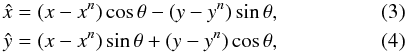 Mathematical equation: \begin{eqnarray} {\hat x} = (x-x^n)\cos\theta - (y-y^n)\sin\theta , \label{eq:psf_x} \\ {\hat y} = (x-x^n)\sin\theta + (y-y^n)\cos\theta , \label{eq:psf_y} \end{eqnarray}