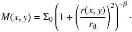 Mathematical equation: \begin{equation} \label{eq:psf_moffat} M(x, y) = \Sigma_\text{0} \left(1 + \left(\frac{r(x,y)}{r_\text{d}}\right)^2\right)^{-\beta} \cdot \end{equation}