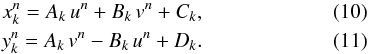 Mathematical equation: \begin{eqnarray} x_k^n = A_k\,u^n + B_k\,v^n + C_k , \label{eq:coordtransX} \\ y_k^n = A_k\,v^n - B_k\,u^n + D_k . \label{eq:coordtransY} \end{eqnarray}