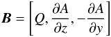 Mathematical equation: \appendix \setcounter{section}{1} \begin{equation} \label{B} \vec{B} = \left[ Q, {\partial A \over \partial z}, -{\partial A \over \partial y} \right] \end{equation}