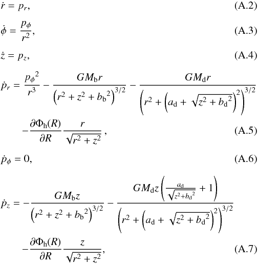 Mathematical equation: \appendix \setcounter{section}{1} \begin{eqnarray} &&\dot{r} = p_{r} , \\[2mm] &&\dot{\phi} = \frac{p_{\phi}}{r^2} , \\[2mm] &&\dot{z} = p_{z} , \\[2mm] &&\dot{p}_{r} = \frac{{p_{\phi}}^2}{r^3} -\frac{G M_{\mathrm{b}} r}{\left(r^2+z^2+{b_{\mathrm{b}}}^2\right)^{3/2}} - \frac{G M_{\mathrm{d}} r}{\left(r^2 + \left({a_{\mathrm{d}}} + \sqrt{z^2 +{b_{\mathrm{d}}}^2}\right)^2\right)^{3/2}}\nonumber \\ & &\qquad - \frac{\partial \Phi_{\mathrm{h}}(R)}{\partial R}\frac{r}{\sqrt{r^2+z^2}}\, , \; \\[2mm] &&\dot{p}_{\phi} = 0 , \\[2mm] &&\dot{p}_{z} = -\frac{G M_{\mathrm{b}} z}{\left(r^2+z^2+{b_{\mathrm{b}}}^2\right)^{3/2}} - \frac{G M_{\mathrm{d}} z \left(\frac{a_{\mathrm{d}}}{\sqrt{z^2 +{b_{\mathrm{d}}}^2}}+1\right)}{\left(r^2 + \left({a_{\mathrm{d}}} + \sqrt{z^2 +{b_{\mathrm{d}}}^2}\right)^2\right)^{3/2}}\nonumber \\ & & \qquad - \frac{\partial \Phi_{\mathrm{h}}(R)}{\partial R}\frac{z}{\sqrt{r^2+z^2}} , \end{eqnarray}