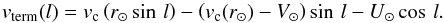 Mathematical equation: \begin{equation} v_{\mathrm{term}}(l) = v_{\mathrm{c}}\left(r_{\sun}\sin\,l\right) - \left(v_{\mathrm{c}}(r_{\sun}) - V_{\sun}\right) \sin\,l - U_{\sun} \cos\,l . \label{vterm} \end{equation}