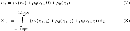 Mathematical equation: \begin{eqnarray} \label{rho_sun} &&\rho_{\sun} = \rho_{\mathrm{b}}(r_{\sun}) + \rho_{\mathrm{d}}(r_{\sun},0) + \rho_{\mathrm{h}}(r_{\sun}) \\[2mm] \label{sigma_1.1}&&\Sigma_{1.1} = \int\limits_{-1.1\,\mathrm{kpc}}^{1.1\,\mathrm{kpc}} \left(\rho_{\mathrm{b}}(r_{\sun},z) + \rho_{\mathrm{d}}(r_{\sun},z) + \rho_{\mathrm{h}}(r_{\sun},z)\right) \mathrm{d}z . \end{eqnarray}