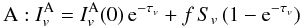Mathematical equation: \appendix \setcounter{section}{2} \begin{equation} {\rm A:}\ I_v^{\rm A} = I_v^{\rm A}(0)\,{\rm e}^{-\tau_v} + f\,S_v\, (1-{\rm e}^{-\tau_v}) \end{equation}