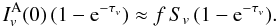 Mathematical equation: \appendix \setcounter{section}{2} \begin{equation} I_v^{\rm A}(0)\,(1-{\rm e}^{-\tau_v}) \approx f\,S_v\, (1-{\rm e}^{-\tau_v}). \end{equation}