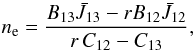 Mathematical equation: \begin{equation} \label{elecdens} n_{\rm e} = \frac{B_{13} \bar J_{13} - r B_{12} \bar J_{12} }{r\, C_{12} - C_{13}}, \end{equation}