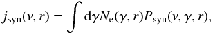 Mathematical equation: \begin{equation} j_{\rm syn}(\nu,r)=\int {\rm d} \gamma N_{\rm e}(\gamma,r) P_{\rm syn}(\nu,\gamma,r) \label{emiss.radio}, \end{equation}