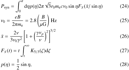 Mathematical equation: \begin{eqnarray} \label{eq.psyn} &&P_{\rm syn} =\int_0^\pi {\rm d}\eta p(\eta) 2\pi \sqrt{3} r_0 m_{\rm e} c \nu_0 \sin \eta F_S({\bar x}/\sin \eta) \\ && \nu_0= \frac{e B}{2\pi m_{\rm e}}=2.8\left(\frac{B}{\mu\mbox{G}}\right)\,\mbox{Hz}\\ && {\bar x}=\frac{2\nu}{3\nu_0 \gamma^2} \left[ 1+ \left( \frac{\gamma \nu_p}{\nu} \right)^2 \right]^{3/2}\\ &&F_S(t)=t \int_t^\infty K_{5/3}(\zeta){\rm d}\zeta\\ &&p(\eta)=\frac{1}{2}\sin\eta , \end{eqnarray}