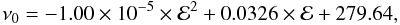 Mathematical equation: \begin{equation} \nu_{0} = -1.00\times 10^{-5} \times {\cal E}^2 +0.0326 \times {\cal E}+279.64 , \end{equation}