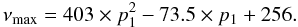 Mathematical equation: \begin{equation} \nu_{\max}= 403 \times p_1^2 - 73.5 \times p_1 + 256 . \end{equation}