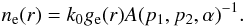 Mathematical equation: \begin{equation} n_{\rm e}(r)=k_0 g_{\rm e}(r) A(p_1,p_2,\alpha)^{-1}. \label{eq.k0} \end{equation}