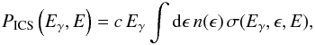 Mathematical equation: \begin{equation} P_{\rm ICS}\left(E_\gamma,E\right) = c \, E_\gamma \int {\rm d}\epsilon \, n(\epsilon) \, \sigma(E_\gamma, \epsilon, E) , \label{eq:ICpower} \end{equation}
