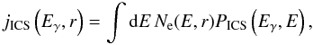Mathematical equation: \begin{equation} j_{\rm ICS}\left(E_\gamma, r\right) = \int {\rm d}E\, N_{\rm e}(E,r) P_{\rm ICS} \left( E_\gamma,E \right), \label{eq:ICemiss} \end{equation}