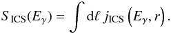 Mathematical equation: \begin{equation} S_{\rm ICS}(E_\gamma)= \int {\rm d} \ell \, j_{\rm ICS}\left(E_\gamma, r \right) . \label{eq:ICbrigtness} \end{equation}