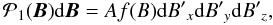 Mathematical equation: \begin{equation} \mathcal{P}_1(\ve{B})\df \ve{B} = A f(B)\df B{'}_{x} \df B{'}_{y} \df B{'}_{z} , \label{equation:isoobs} \end{equation}