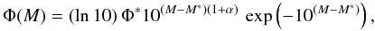 Mathematical equation: \begin{equation} \label{eq:sc} \Phi (M) = (\ln10) \, \Phi^* 10^{(M-M^*)(1+\alpha)} \, \exp\left(-10^{(M-M^*)}\right), \end{equation}