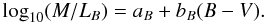 Mathematical equation: \begin{equation} \log_{10}(M/L_{B})=a_{B}+b_{B}(B-V). \end{equation}