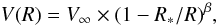 Mathematical equation: \begin{equation} V(R) = V_{\infty}\times (1 - R_*/R)^{\beta}, \end{equation}