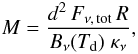 Mathematical equation: \begin{equation} M = \frac{d^2\,F_{\nu,\, \mathrm{tot}} \,R}{B_{\nu}(T_{\rm d})\;\kappa_{\nu}}, \end{equation}