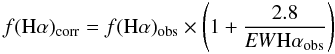 Mathematical equation: \begin{equation} {f({\rm H}\alpha)_{\rm corr} = f({\rm H}\alpha)_{\rm obs} \times \left(1 + \frac{2.8}{{\it EW}{\rm H}\alpha_{\rm obs}}\right)} \end{equation}