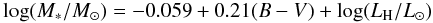 Mathematical equation: \begin{eqnarray} \label{eq:stellarmass} \log (M_{*}/{M_{\odot}}) = -0.059 + 0.21(B-V) + \log (L_{\rm H}/L_{\odot}) \end{eqnarray}