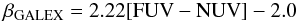 Mathematical equation: \begin{equation} {\beta_{\rm GALEX} = 2.22[{\rm FUV}-{\rm NUV}]-2.0} \end{equation}