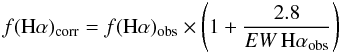 Mathematical equation: \begin{equation} {f({\rm H}\alpha)_{\rm corr} = f({\rm H}\alpha)_{\rm obs} \times \left(1 + \frac{2.8}{EW\,{\rm H}\alpha_{\rm obs}}\right)} \end{equation}
