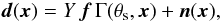 Mathematical equation: \begin{equation} \label{ed:SourcesModel2} {\vec d}({\vec x}) = Y \, {\bm f} \, \Gamma(\theta_{\rm s},{\vec x}) + {\vec n}({\vec x}), \end{equation}